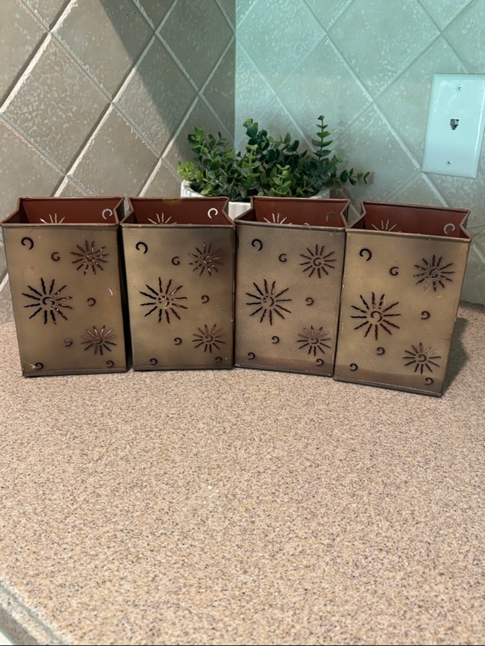 Rustic Sun & Moon Metal Lanterns - Brown Finish, Set of 4